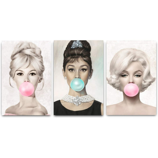 Set 3 Canvas/Cuadros Decorativos | Marilyn Monroe, Audrey Hepburn, Brigitte Bardot - Bubble Gum Pop Art.