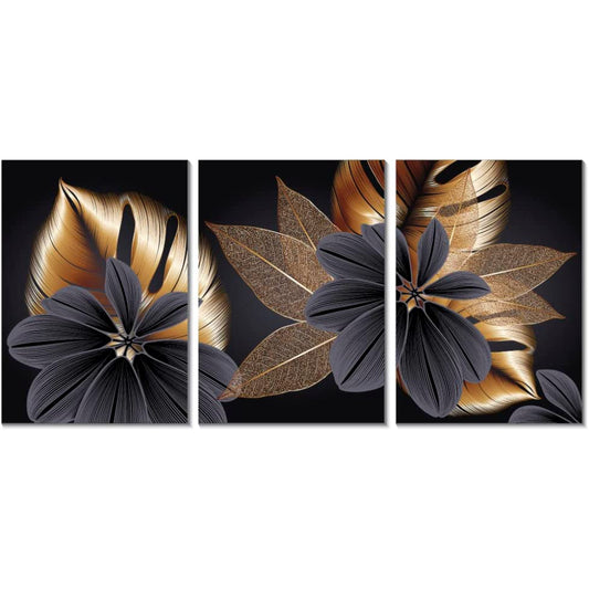 Set de 3 Canvas/Cuadro Decorativo | Hojas Doradas con Negro.