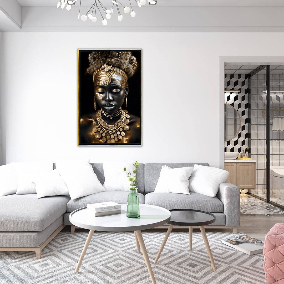 Canvas | Africana | Mujer | Retrato | Decoración | Impresion Digital | Arte | Color | Listo para Colgar | Varias Medidas | Minimalista Hogareño | Retrato Femenino | Tonos Dorados | Diseño Perfecto